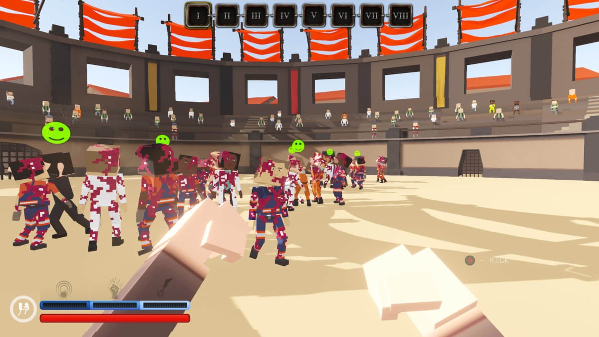 An in-game screenshot of Paint The Town Red, showcasing a huge fight between the player character's group, and a horde of decaying zombies inside a colosseum.