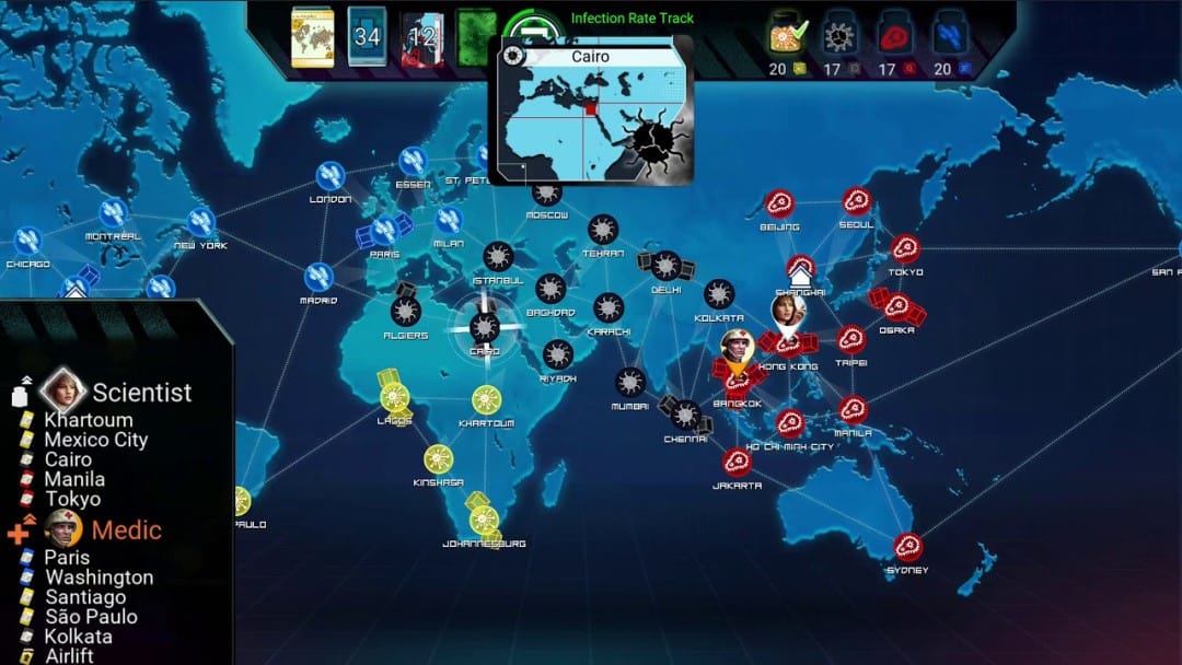 The world map as shown in the digital version of the Pandemic Board Game