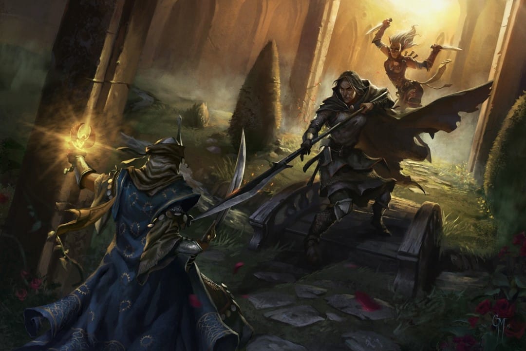 Artwork of a party fighting a dark wizard