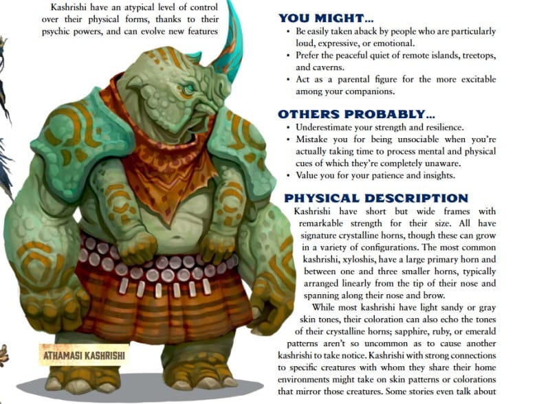 Artwork and text of the Kashirishi from Pathfinder Lost Omens: Impossible Lands