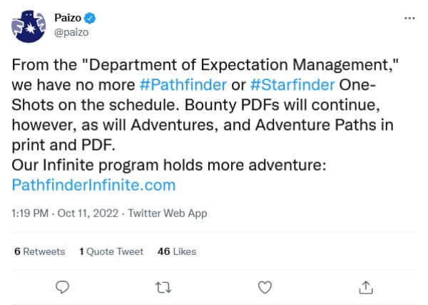 A screenshot of Paizo's tweet about discontinuing Pathfinder and Starfinder one-shot adventures.