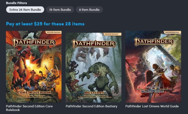 A screenshot of the Pathfinder Strength of Thousands bundle from the Humble Bundle store