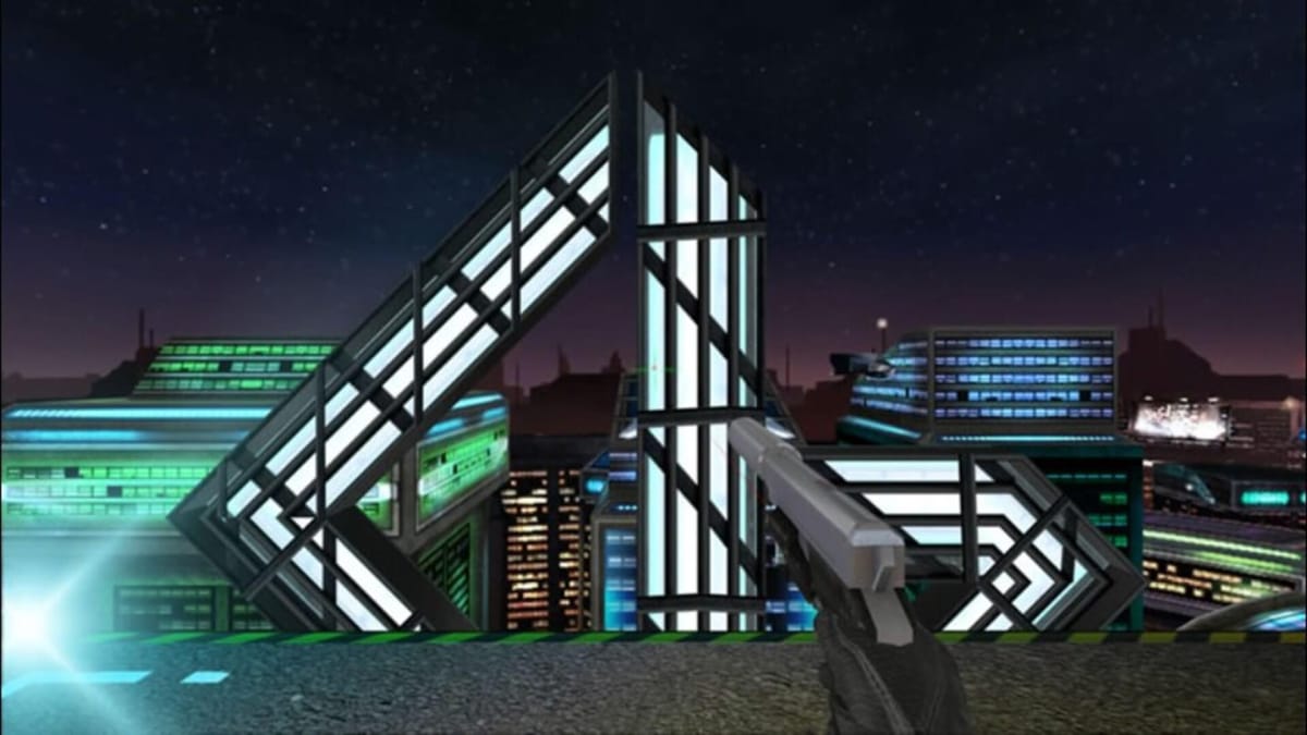 Perfect Dark PC screenshot showing a pistol being aimed out at a city.