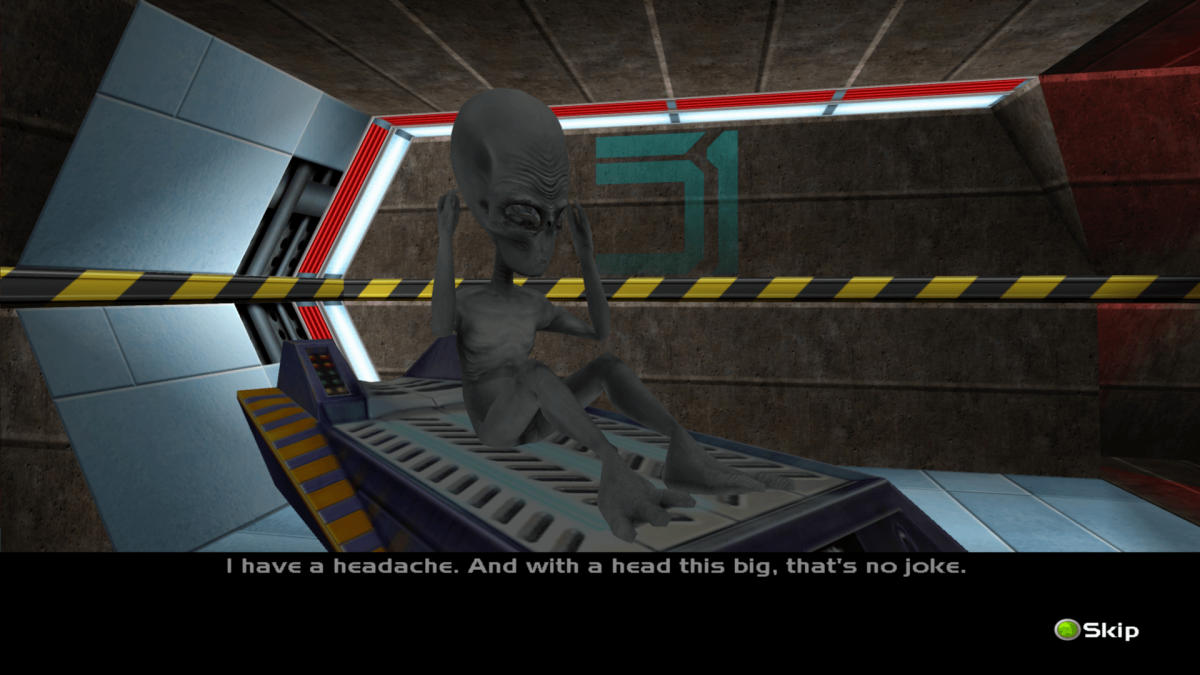 A cutscene of Perfect Dark, showcasing the alien Elvis joking about the size of his head when it comes to a headache.