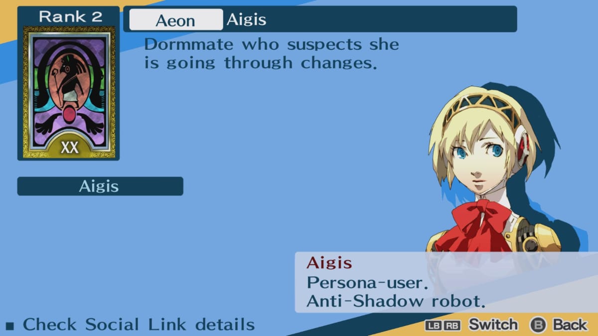 The Social Link page for Aigis and the Aeon Arcana in Persona 3 Portable