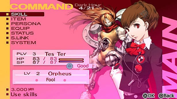 Persona 3 Portable female main character level up stats screen