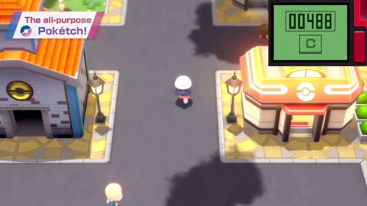 The player running around with the Poketch display in Pokemon Brilliant Diamond and Shining Pearl