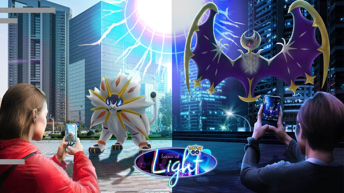 Solgaleo and Lunala confronting trainers in the Pokemon Go Astral Eclipse event, which is part of the Pokemon Go Ultra Beast Arrival events