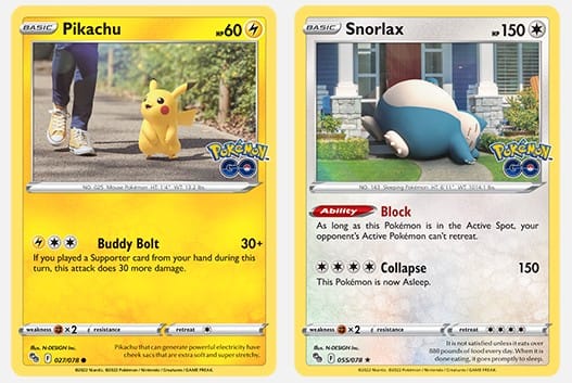Artwork of Pikachu and Snorlax from the Pokemon Go TCG expansion