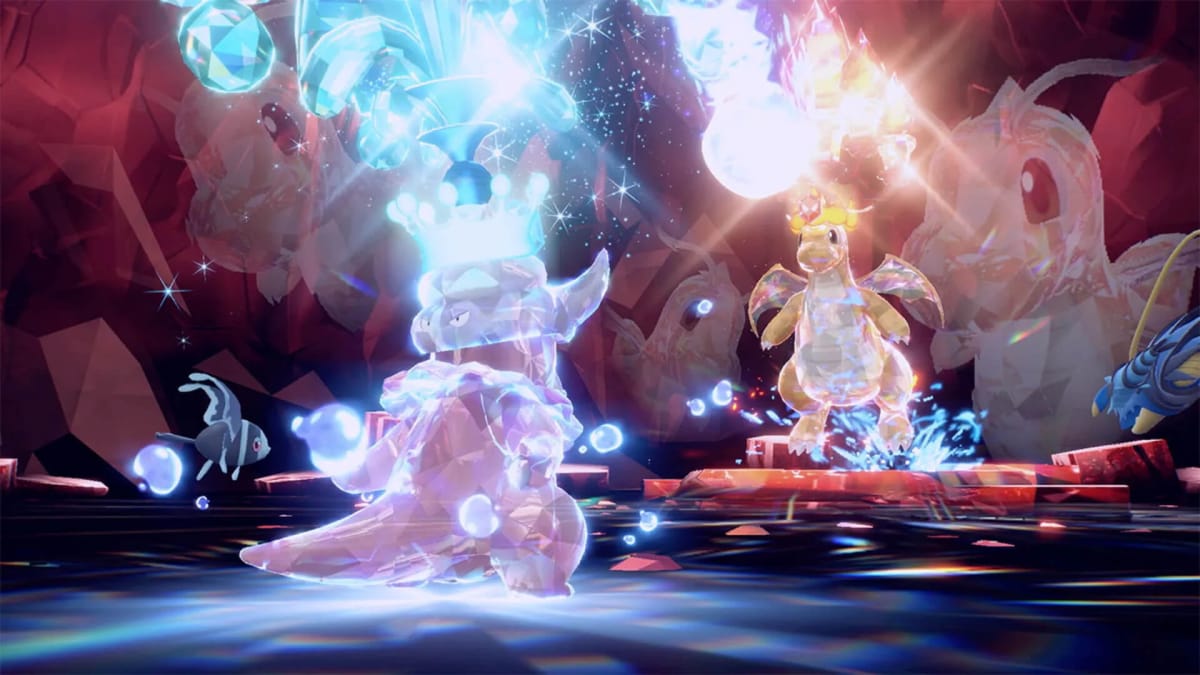 Terastallized versions of Slowking and Dragonite fighting one another in Pokemon Scarlet and Violet, which could figure into next week's Pokemon Presents