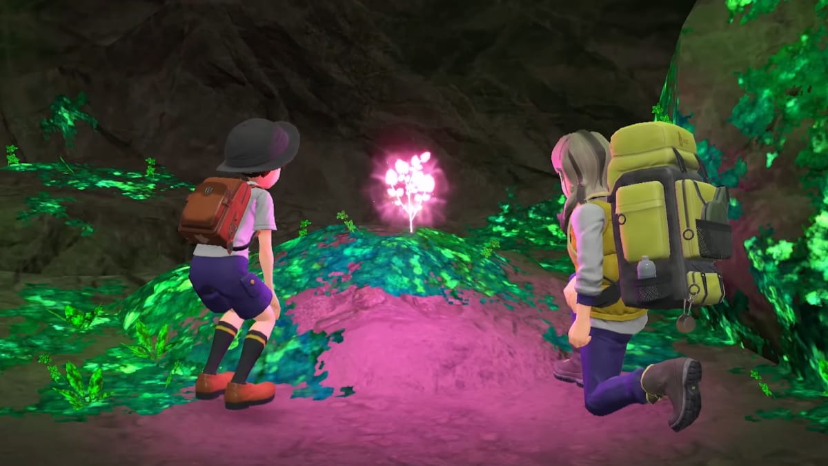 The player character and Arven look at a Herba Mystica after defeating a Titan Pokemon