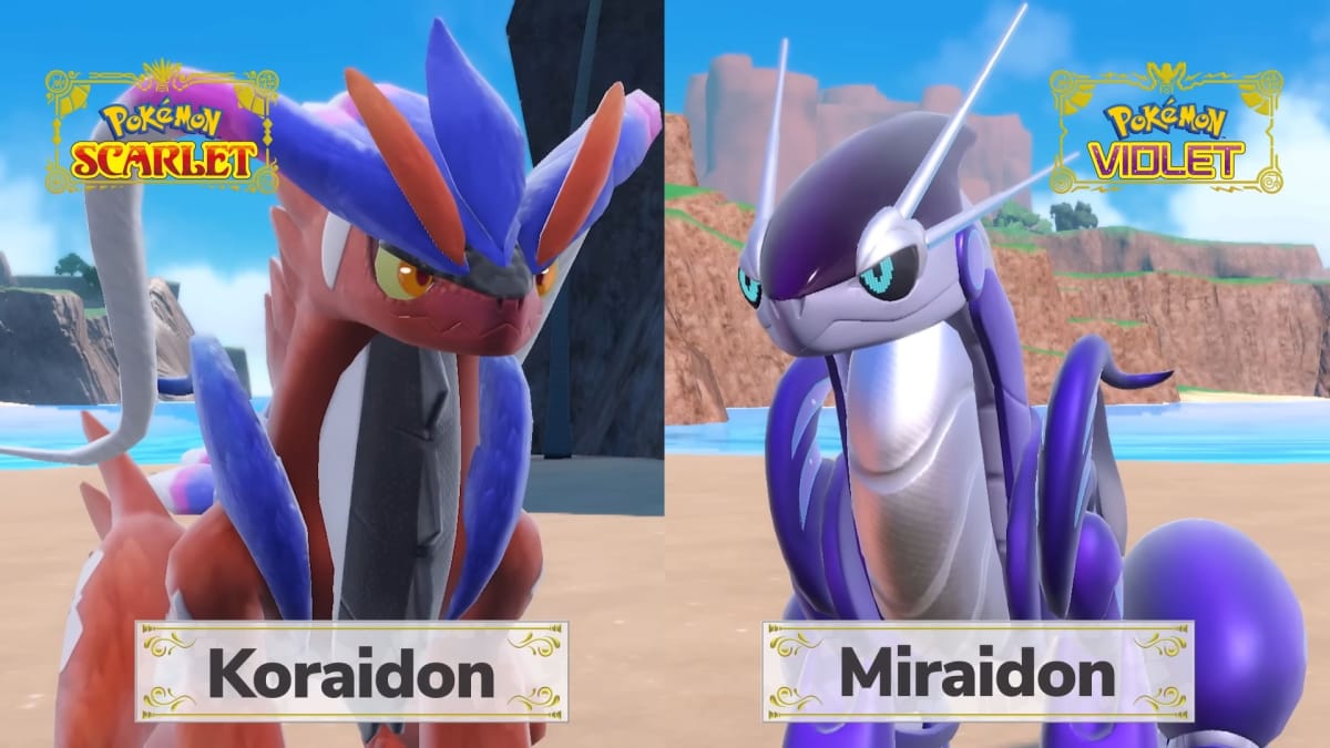 Koraidon and Miraidon side by side with the logos of their respective versions above their heads