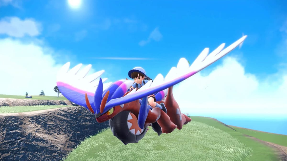 The player soaring through the sky on Koraidon in Pokemon Scarlet and Violet