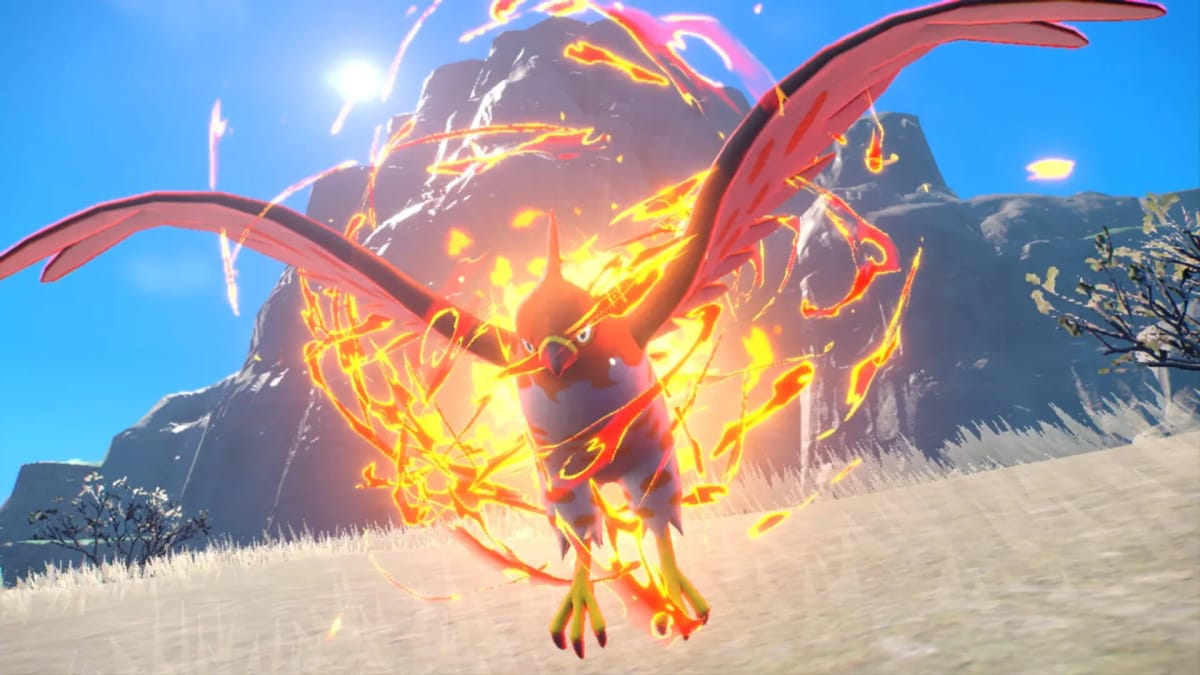 A Talonflame surrounded by fire in Pokemon Scarlet and Violet