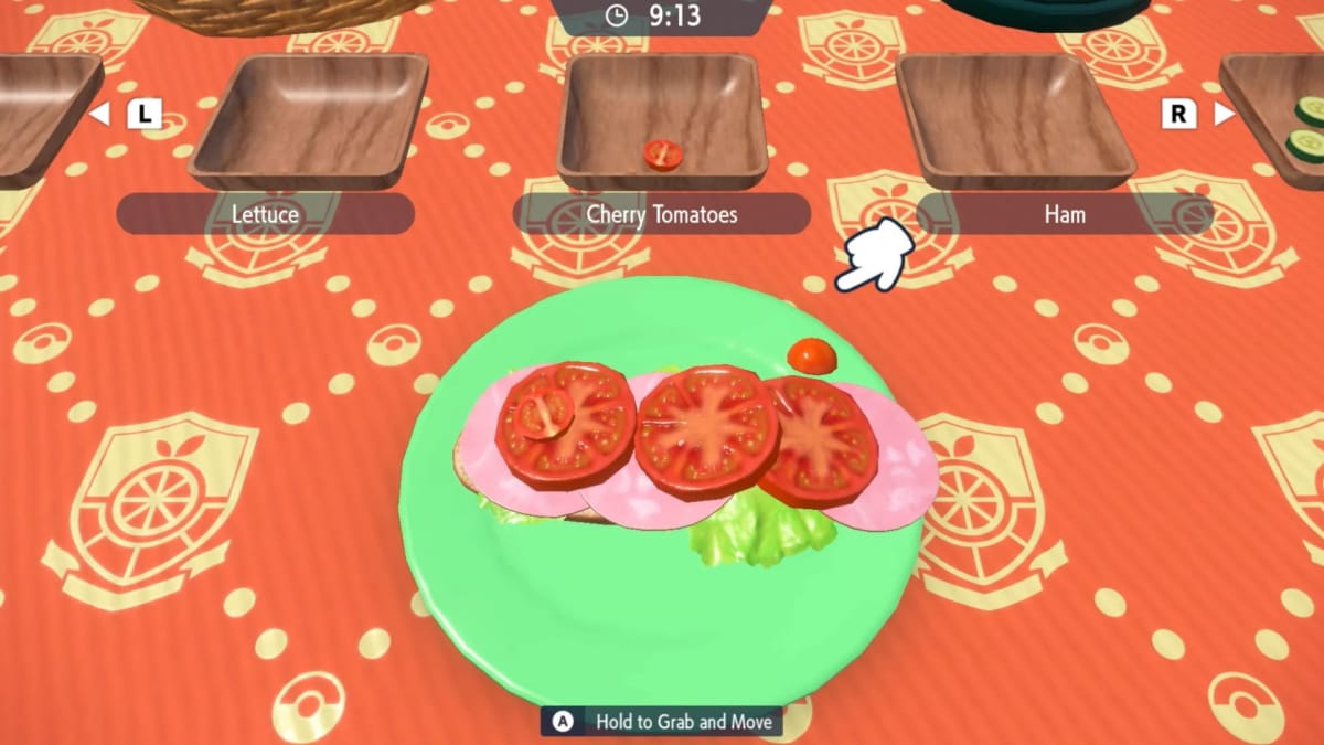 A sandwich being made in Pokemon Scarlet and Violet, with lettuce and tomatoes as its ingredients