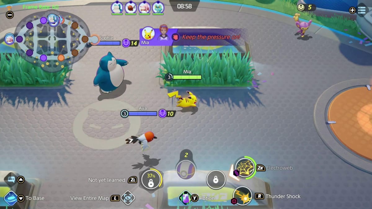 Pikachu runs alongside Snorlax and Fletchling in Pokemon Unite, a game approved in China