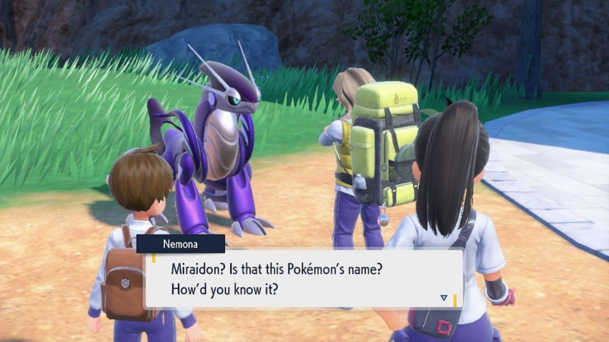 The player character from Pokemon Violet meeting Miraidon