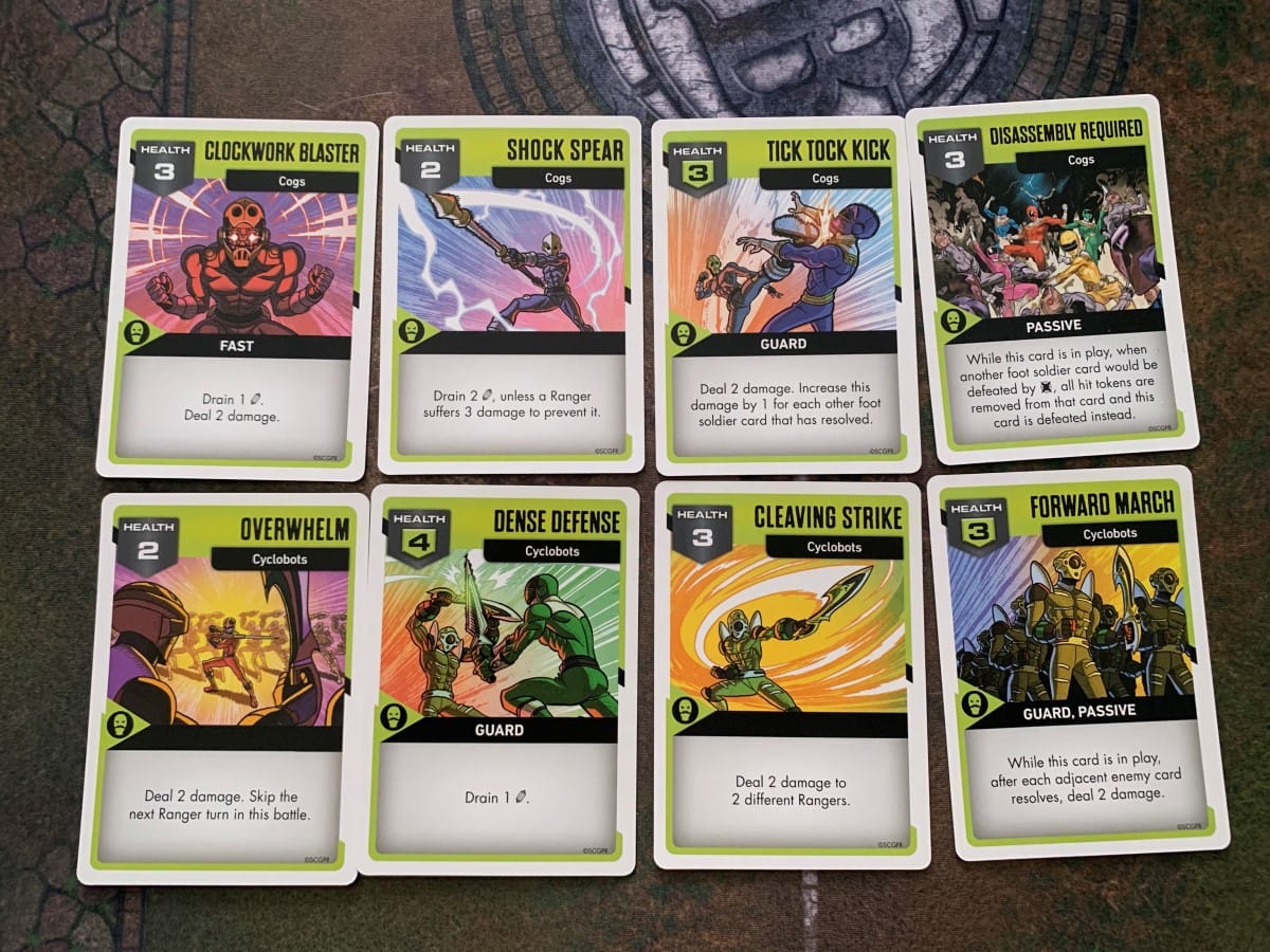 Displayed combat cards from the Power Rangers Merciless Minions Pack
