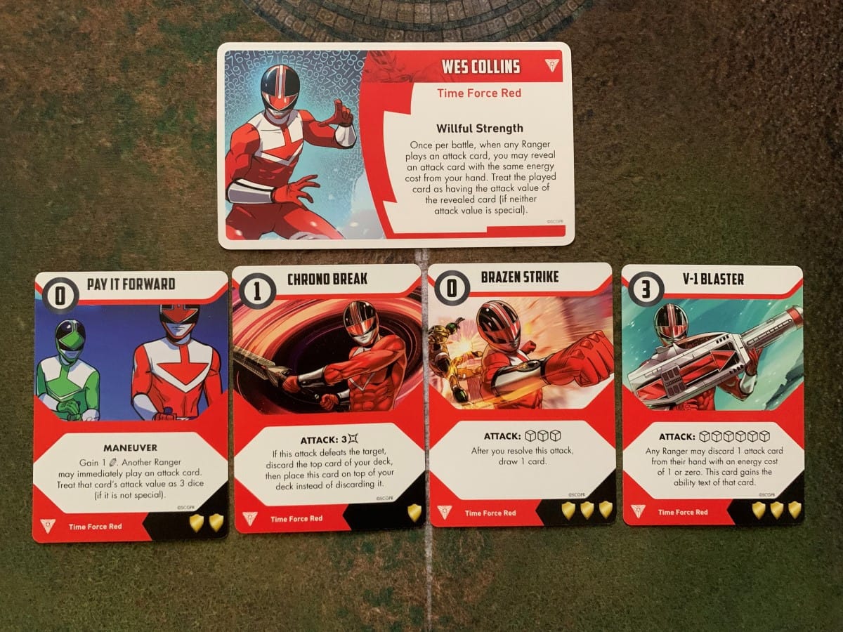 A display of cards of the Red Ranger from the Power Rangers Time Force Pack