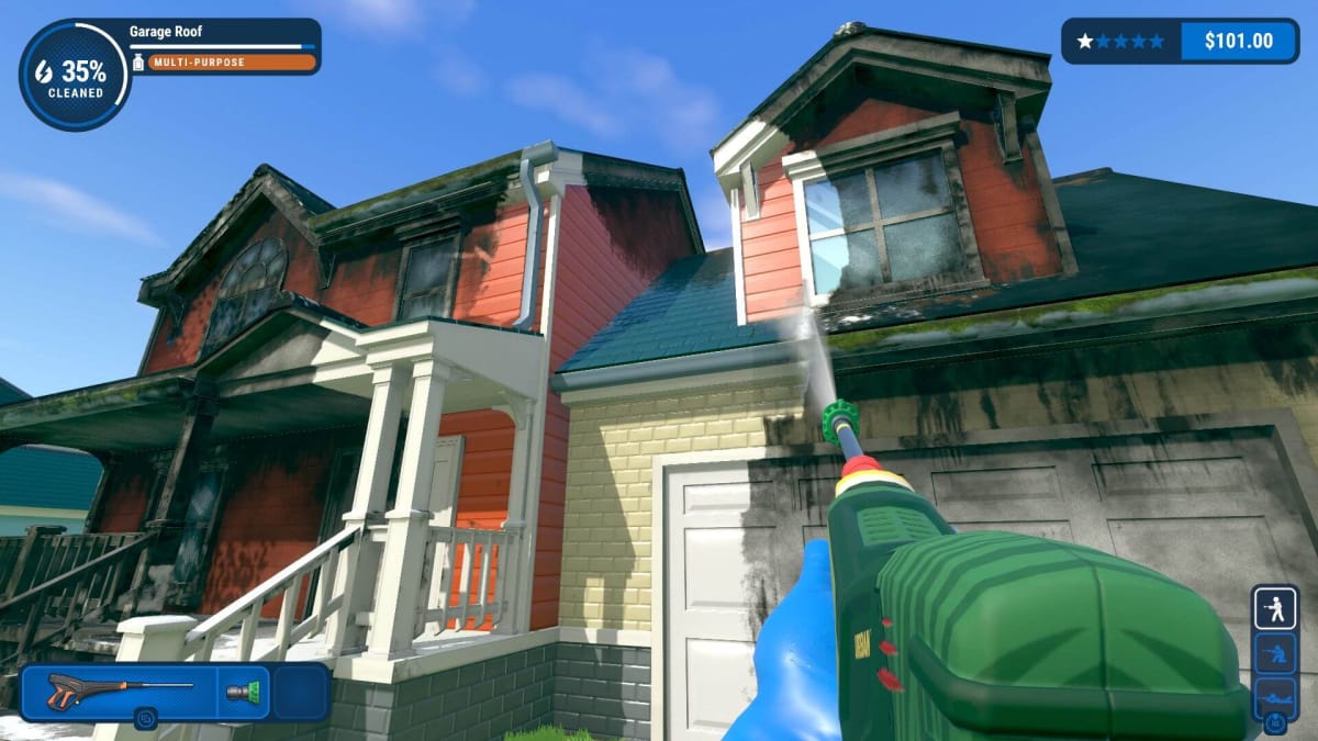 A gameplay screenshot of PowerWash Simulator, showcasing the player cleaning the front of a house with a green power washer.