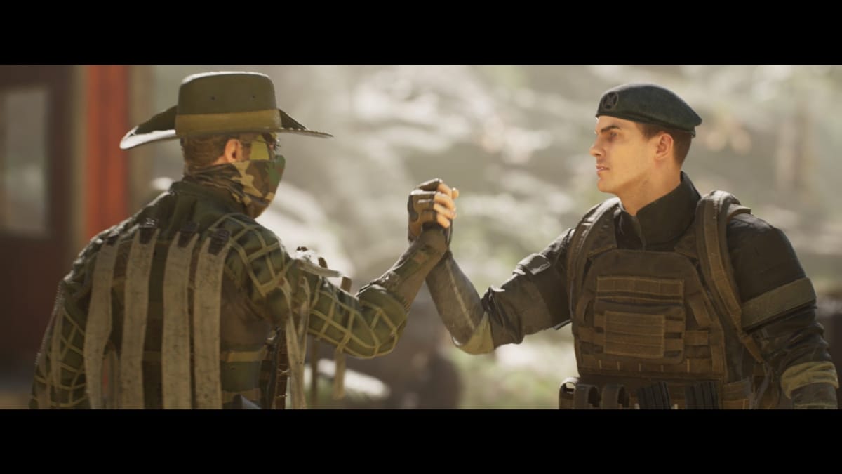Two manly soldiers shaking hands
