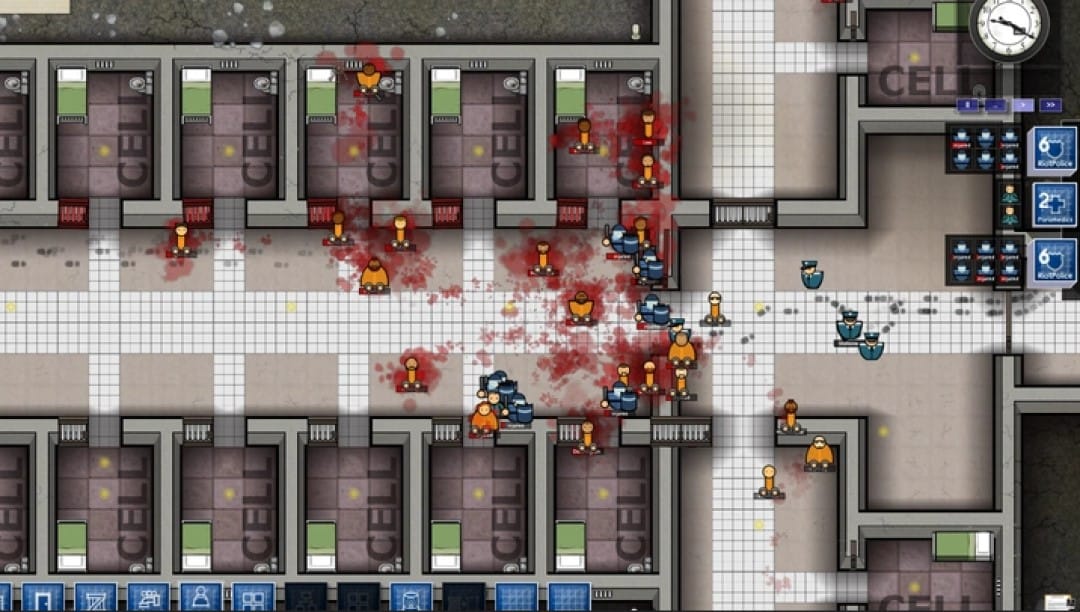 A screenshot of a violent riot breaking out in Prison Architect