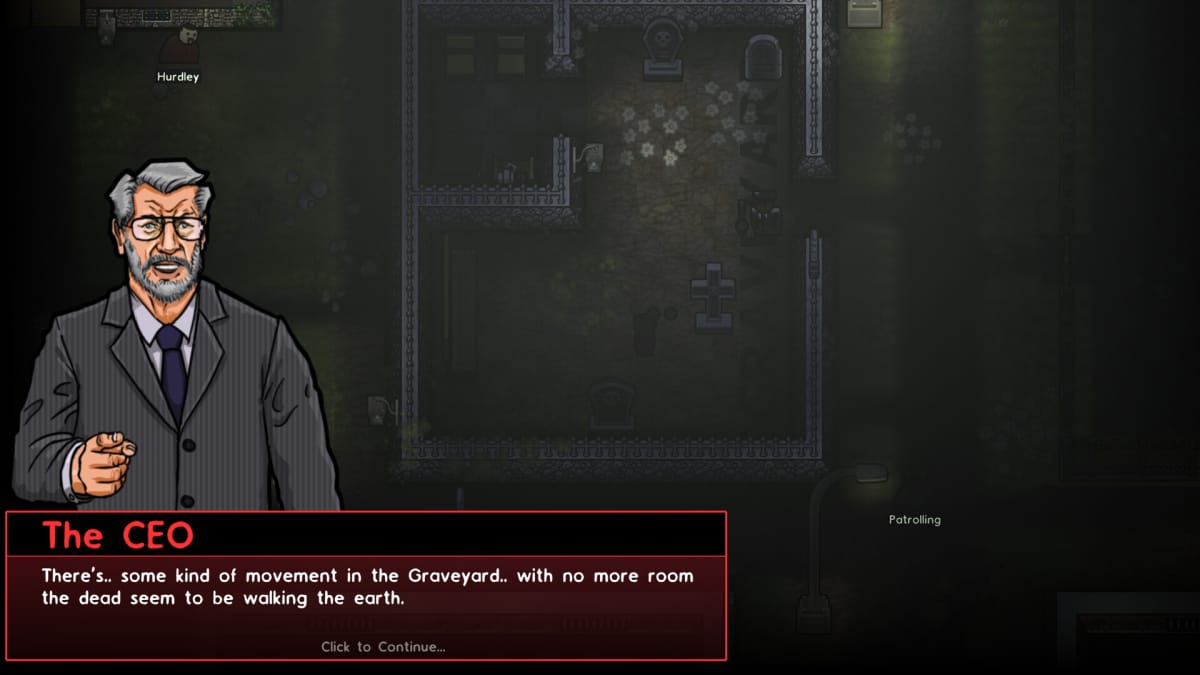 Prison Architect DLC screenshot shows the CEO talking about movement beneath the earth of the graveyard.