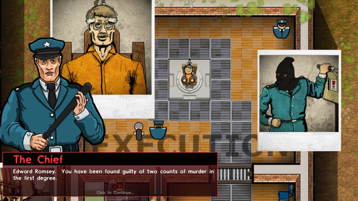 Prison Architect free for life update screenshot showing a man getting put in the electric chair.