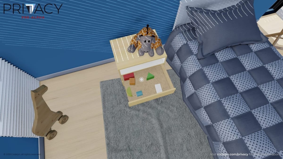 Privacy Game Screenshot showing a typical childs bedroom in a 3D video game. 