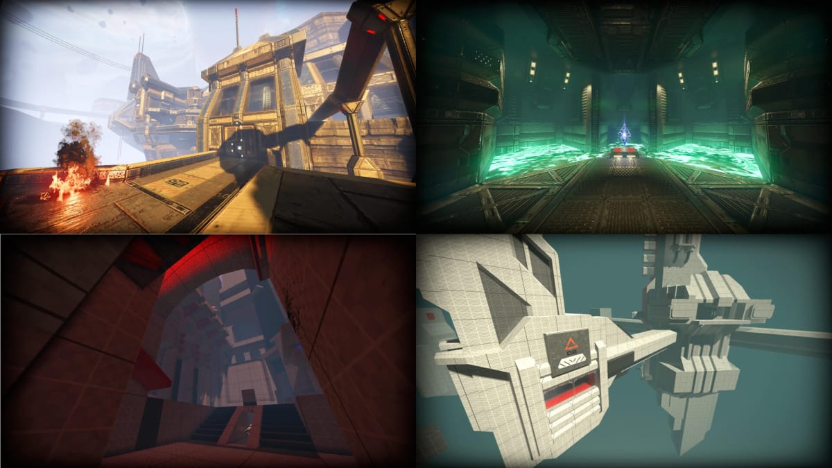 Four shots depicting work-in-progress levels in the shooter Prodeus
