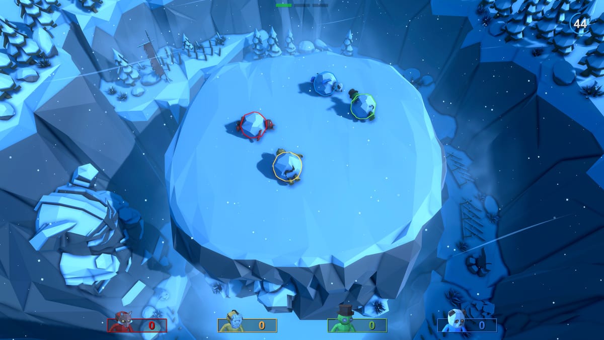 Pummel Party Screenshot of a minigame where players turn into giant snowballs and need to knock the other players off of the platform to win