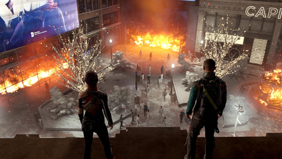 Two characters watch over a burning square in Detroit: Become Human, a Quantic Dream game