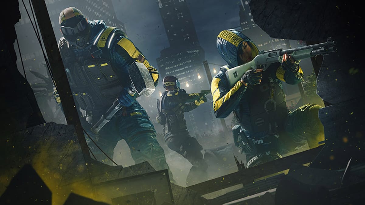 Rainbow Six Extraction three armed people in black and yellow uniforms