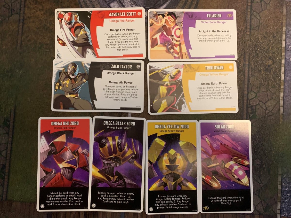 The character and zord cards for the Omega Rangers from Rangers United