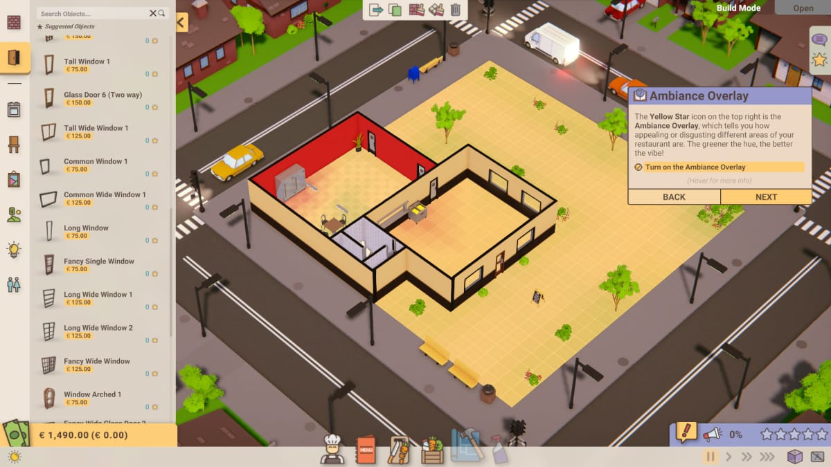 Recipe For Disaster's UI boxes around a Sims style view top down view of a mostly empty restaurant building with a road surrounding. The ground has a traffic light colour coded cover layer, mostly yellow, but with spots of green and red. A text box describes this as the ambiance overlay.