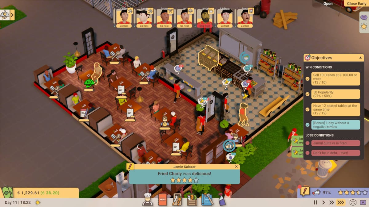 Recipe For Disaster UI panels around the first level building, with a sims style view, seeing through the kitchen, seating and toilet area of the restaurant. From the level Old Ribs. Customers sit in the seating area, with indicators of their current waiting status, seven staff are walking around attending to different tasks.