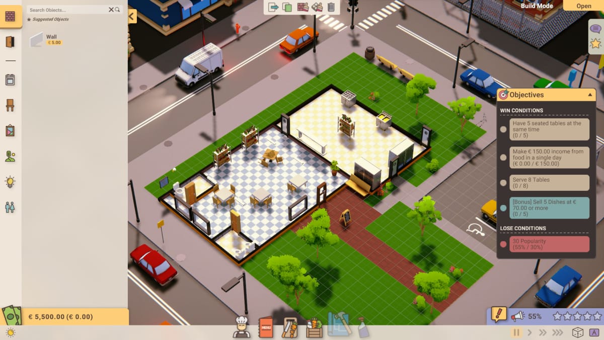 Recipe For Disaster UI panels around the first level building, with a sims style view, seeing through the kitchen, seating and toilet area of the restaurant. Empty, on the corner of two roads, with two tables and upturned trash in the centre of the seating. 