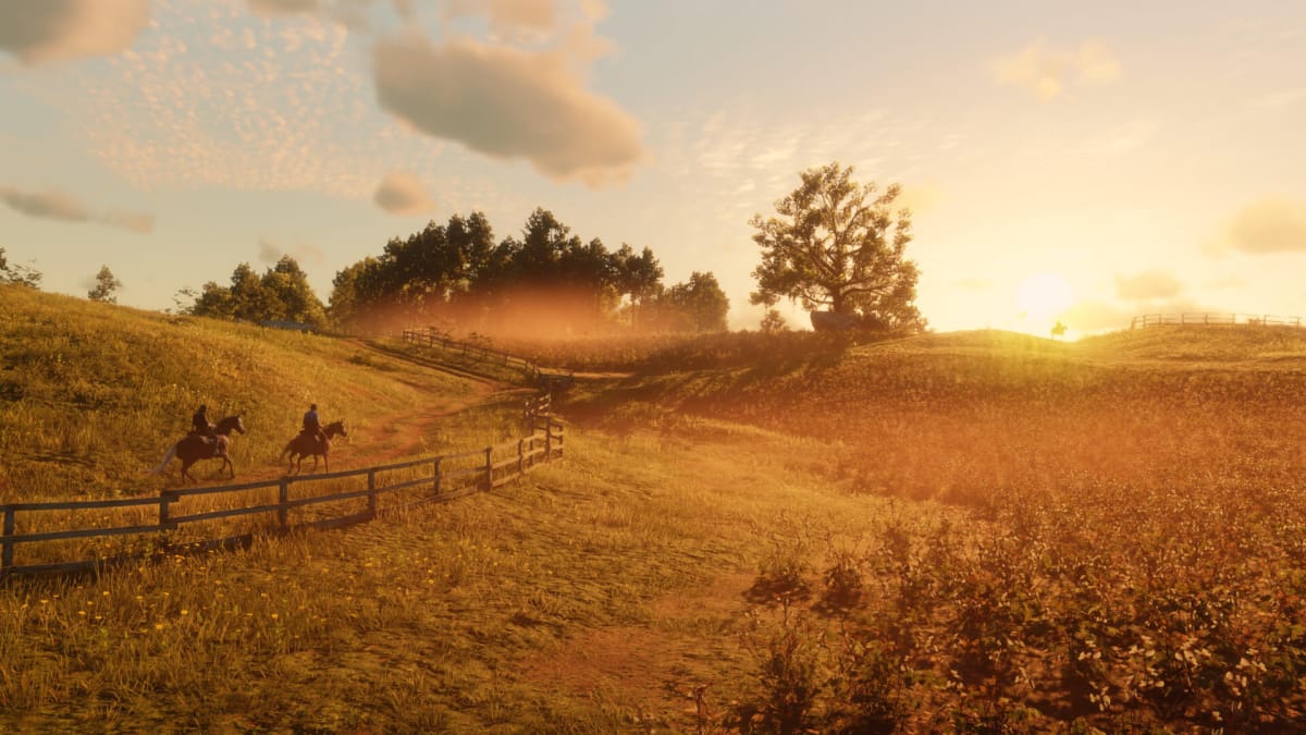 Two cowboys riding through an idyllic pasture in Red Dead Redemption 2