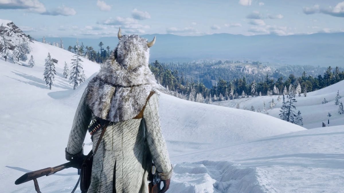 Red Dead Redemption 2 winter settings, character standing on a snowy mountainside looking at a forest holding a gun. 
