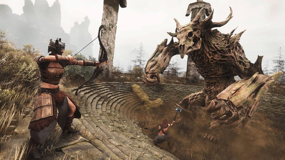 A player aiming a bow at a giant skeletal monster in Conan Exiles, a game worked on by some of Red Rover Interactive's staff