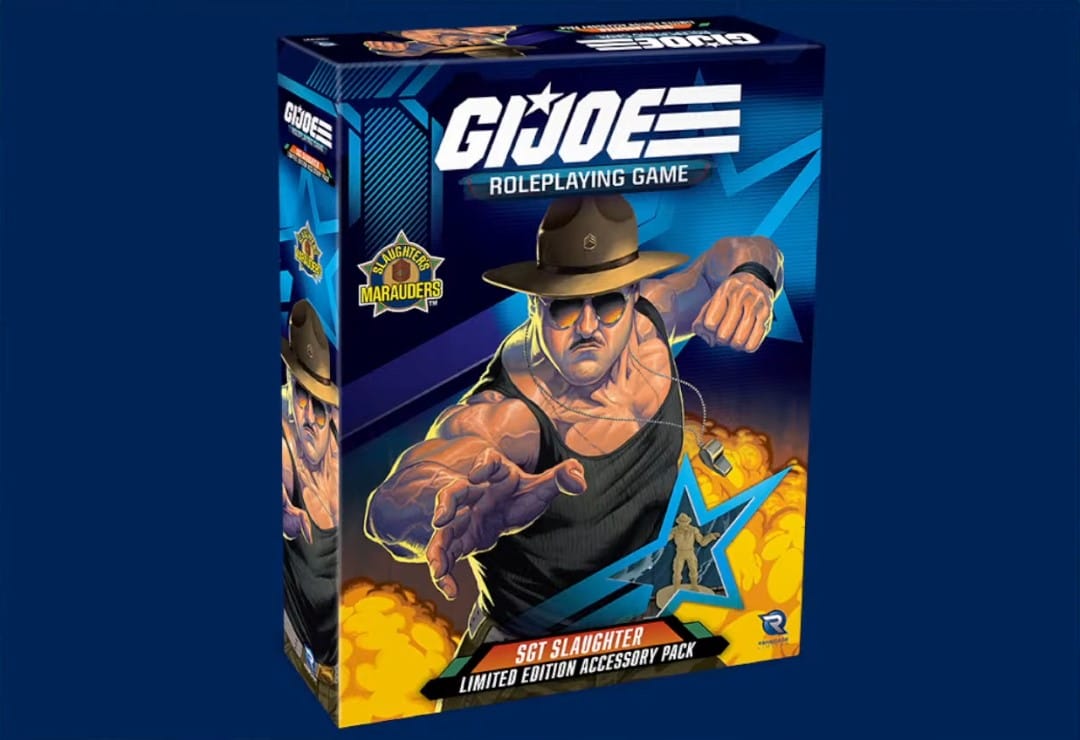Box art of the Sgt. Slaughter promo pack for the GI Joe TTRPG shown at RenegadeCon 2023