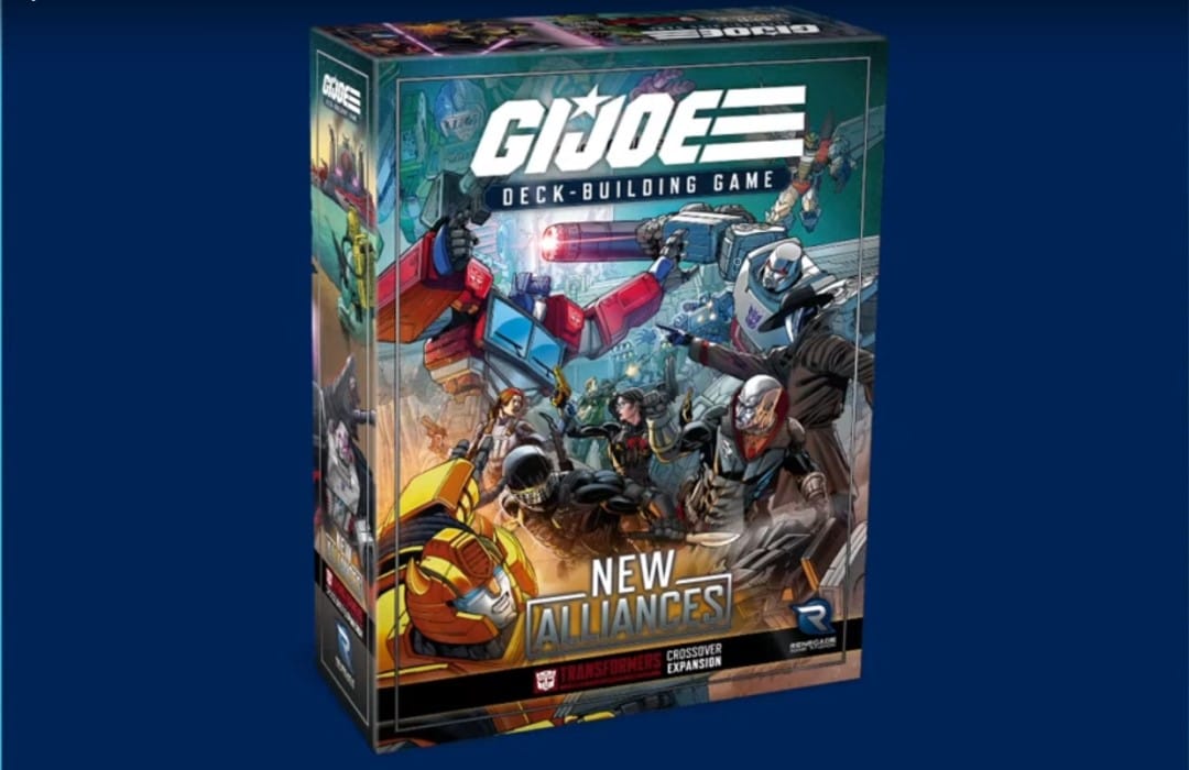 Box art of the GI Joe Deck-Building Game expansion, New Alliances, shown at RenegadeCon 2023