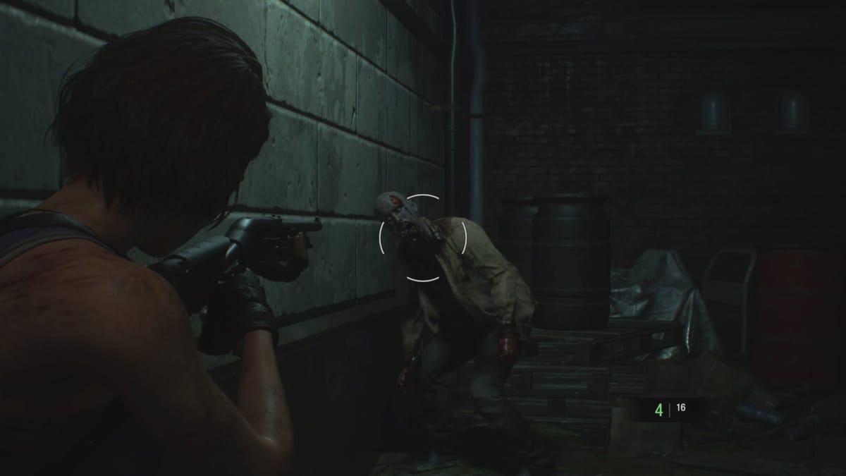 Jill takes aim at a zombie in Resident Evil 3