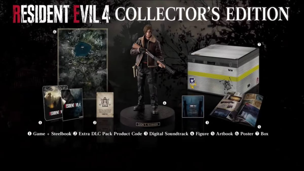 The contents of the Resident Evil 4 remake Collector's Edition, including a Leon figurine, a map, and more