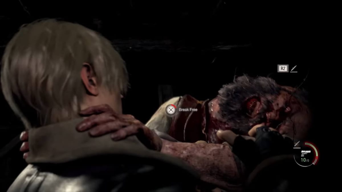 Leon being grabbed by Ganados in the Resident Evil 4 remake and being prompted to mash X to escape