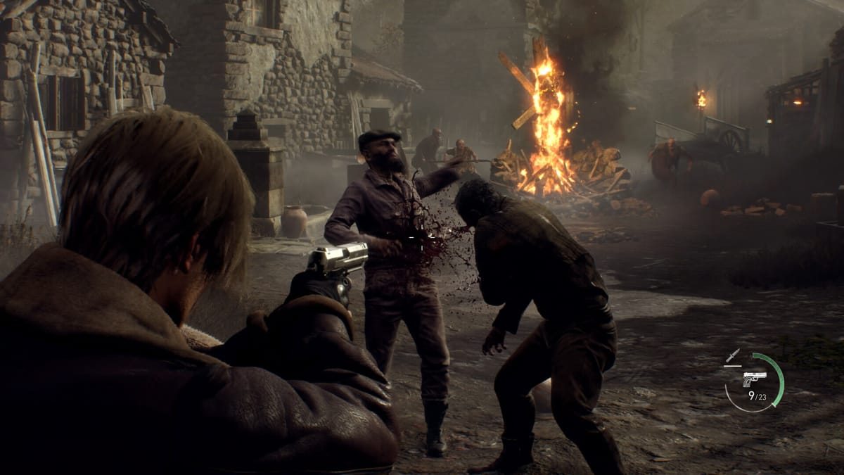 Leon shooting two villagers in the Resident Evil 4 remake