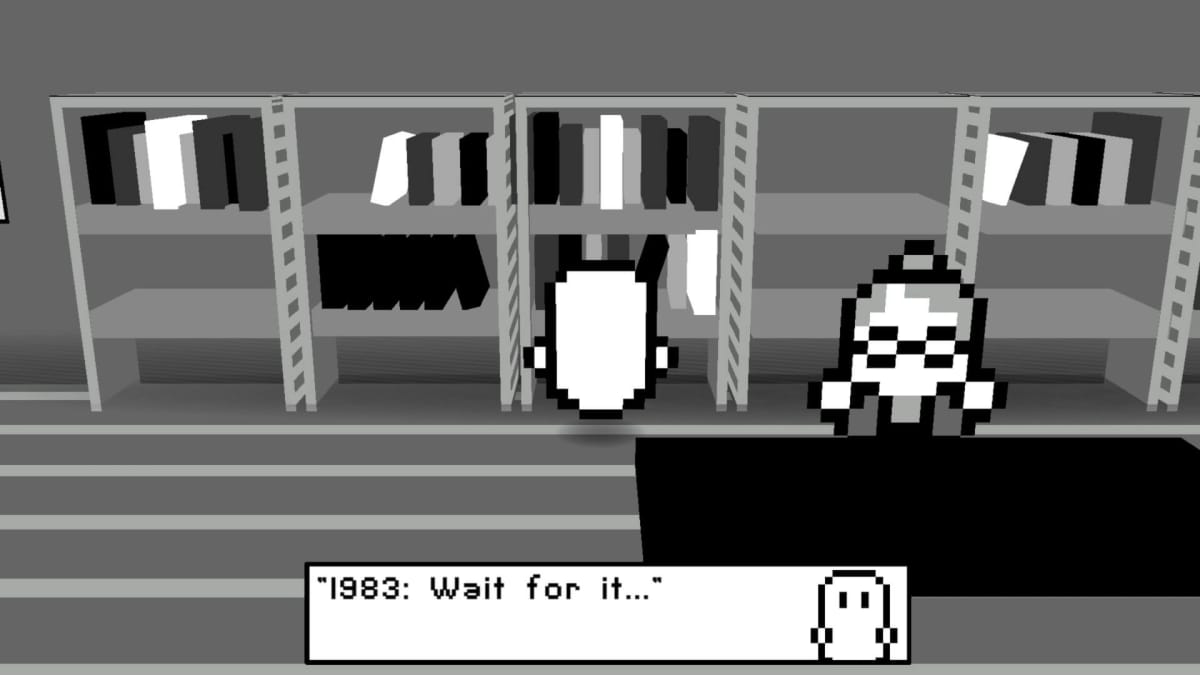 The player examining a book called "1983: Wait for it..." in Restless Soul