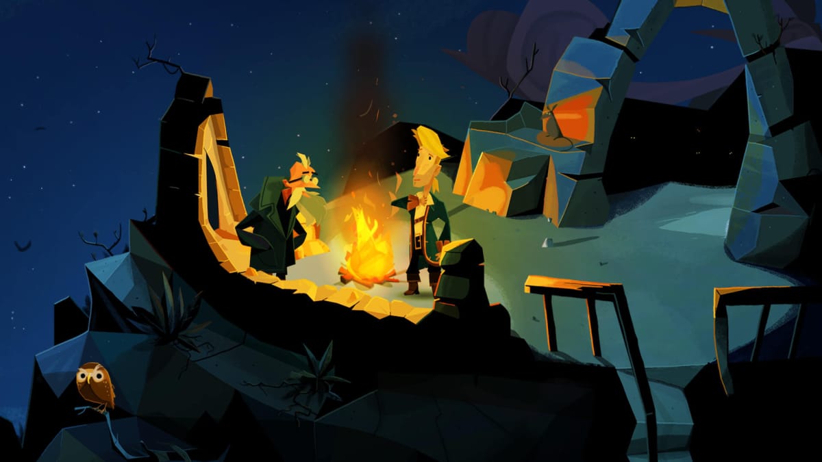 Guybrush regaling an old man with stories on an overlook in Return to Monkey Island