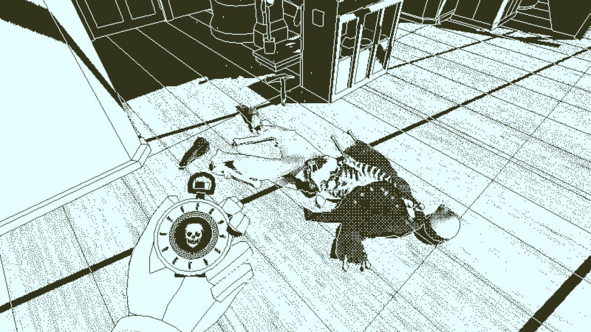 The player looking at their stopwatch and a corpse in Return of the Obra Dinn, which may feature in the Steam Mystery Fest