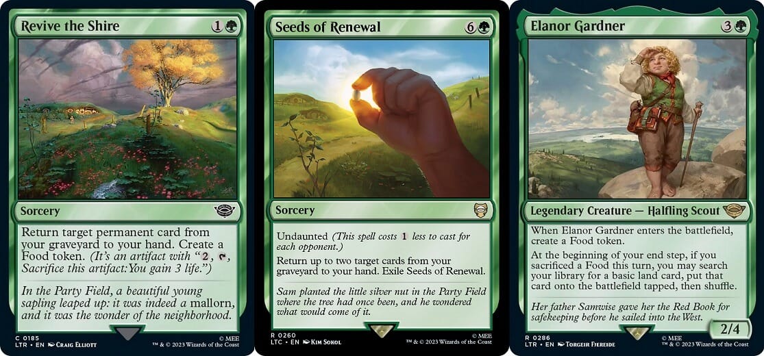 Lord of the Rings Tales of Middle-Earth MTG Cards Revive the Shire, Seeds of Renewal and Elanor Gardner